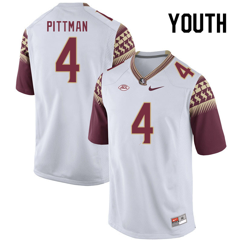 Youth #4 Mycah Pittman Florida State Seminoles College Football Jerseys Stitched-White